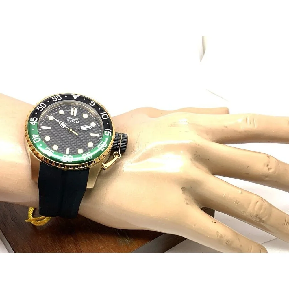Invicta Men's Watch 35661 Pro Diver Quartz Gold Black Green Bezel Rubber Band
